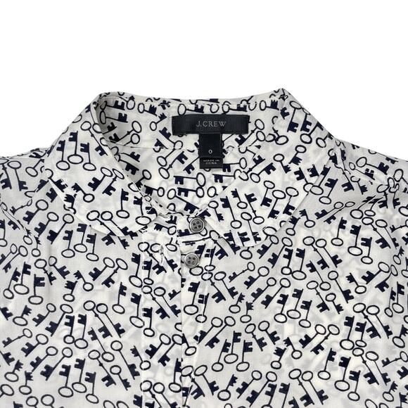 J.CREW 100% Silk Blouse In Key Print White Size 0 Sz Small Club Collar Classic - Picture 1 of 11